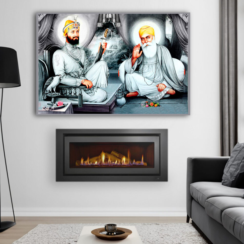 "Kripa" Artwork of Guru Nanak Dev Ji & Guru Gobind Singh Ji Wall Frame (Black & White with Colorful Splash)