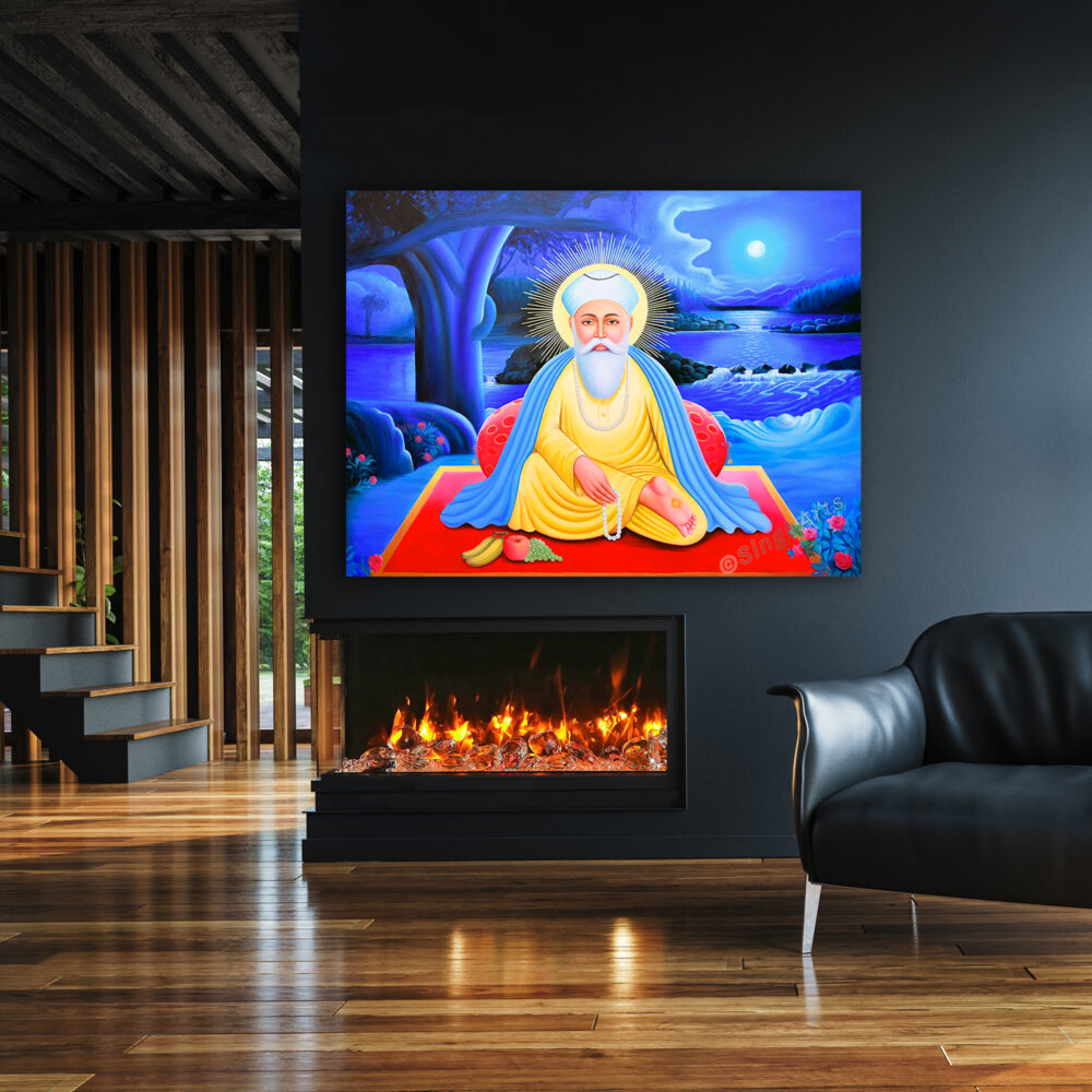 Guru Nanak Dev Ji at Nanaksar – Blue Tone Spiritual Art