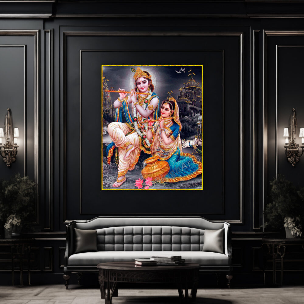 Lord Radha-Krishna holding Flute in romantic pose