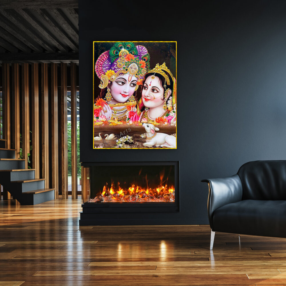 Lord Radha-Krishna with Calf and Swans